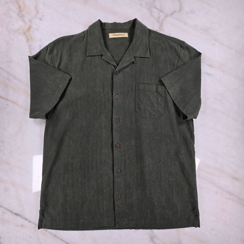 Tommy Bahama Camp Shirt Mens Large Green 100% Silk Short Sleeve Coastal Tropical